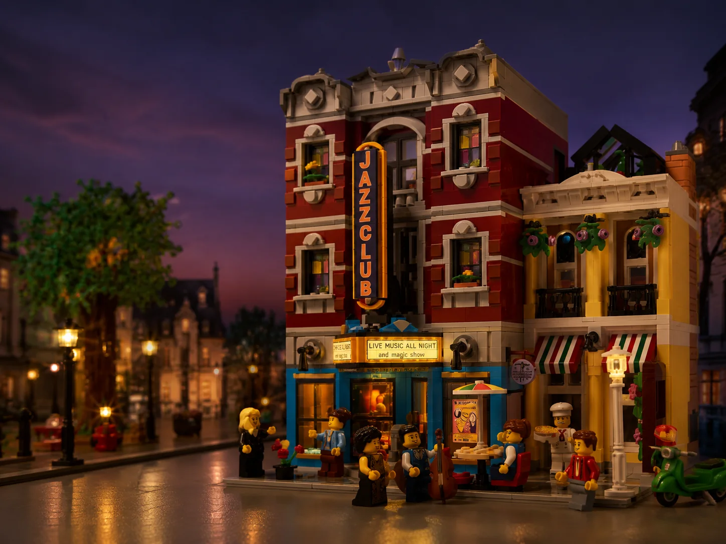 Brick-built jazz club illuminated on a city street at dusk