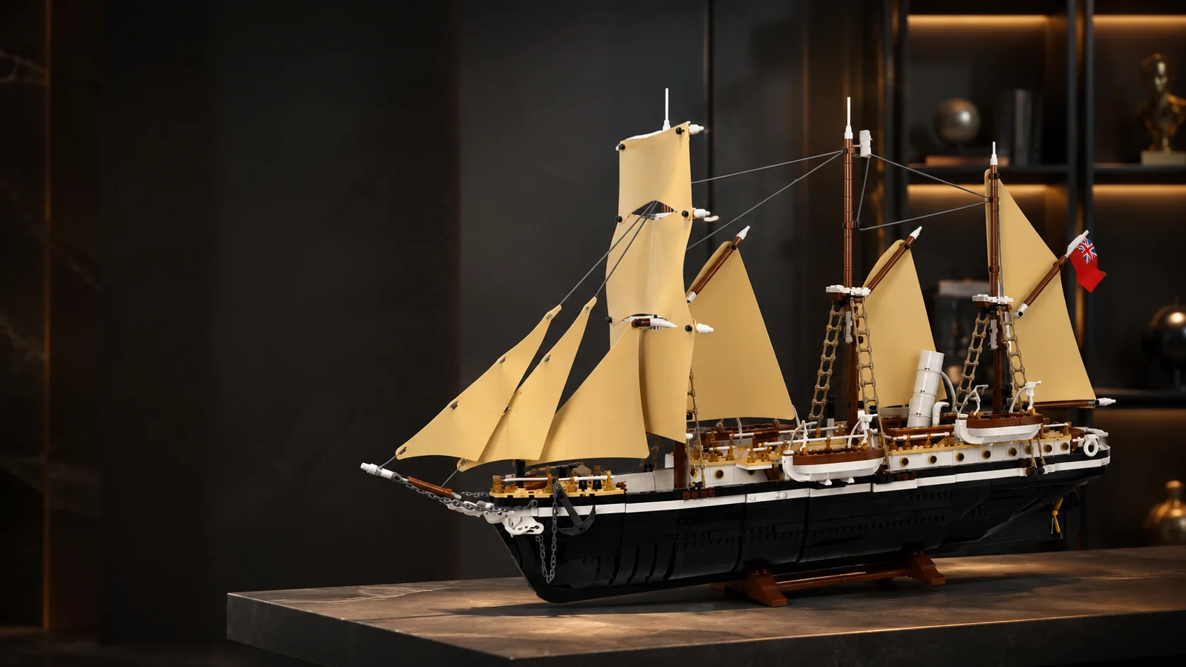 Brick-built sailing ship displayed in a dark collector interior